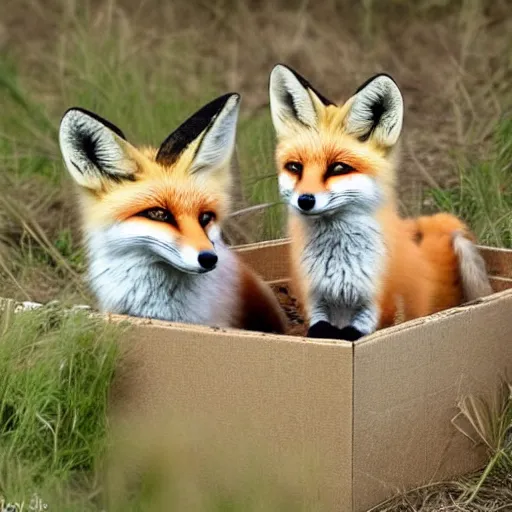 Prompt: red fox and fennec fox sitting in a box