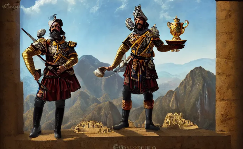 Image similar to smiling spanish conquer soldier francisco pizarro holding golden cup on a inca temple, wide view, high detailed, full perfect, symmetrical portrait, high detail, by craig mullins, peter mohrbacher, unreal engine, octane rendered, 8 k, dark beauty, trending on artstation