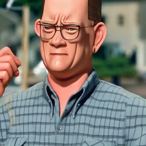 Image similar to Live Action Still of Hank Hill played by Tom Hanks in the Live Action King of the Hill Movie, real life, hyperrealistic, ultra realistic, realistic, highly detailed, detailed, very detailed, cool, ultra detailed, very realistic, trending on artstation, epic, HD quality, 8k resolution, body and headshot, film still, real, detailed face, very detailed face, real life, front face, front view, dramatic lighting, real