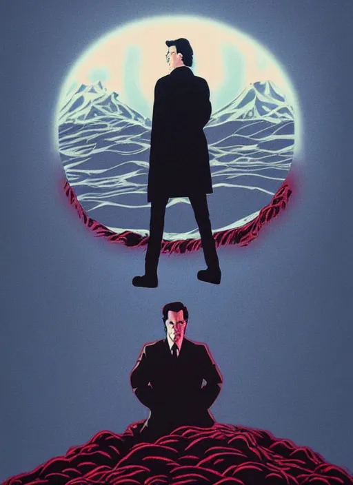 Image similar to Twin Peaks movie poster artwork by Michael Whelan and Tomer Hanuka, Rendering of Kyle MacLachlan gazing at the Blood moon tentacles, from a scene from Twin Peaks, clean, full of detail, Matte painting, trending on artstation and unreal engine