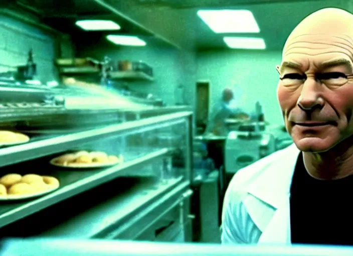 Image similar to film still of patrick stewart as agent smith working in a bakery in the new matrix movie, 4 k