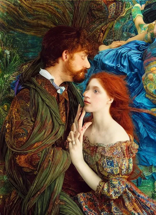 Image similar to detailed colourful masterpiece of intricate preraphaelite photography couple portrait sat down extreme closeup, love, inside a full underwater train, detailed realistic expressions, wearing unusual clothes, by ford madox brown and william powell frith and frederic leighton and john william waterhouse and william morris, ultra wide angle