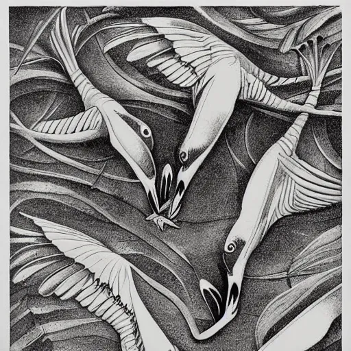 Prompt: escher print of storks and fish