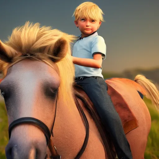 Image similar to a detailed portrait of boy with blonde hair riding a horse, unreal engine 5 rendered, incredibly highly detailed and realistic, 8 k, sharp focus, studio quality