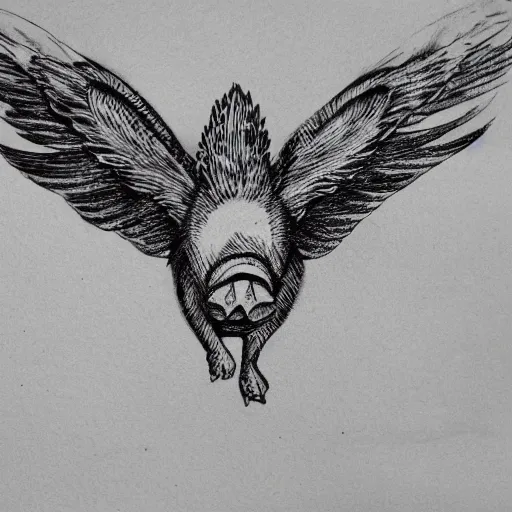 Prompt: black and white ink drawing of a flying pig with wings wearing a gold crown in the sky 8k