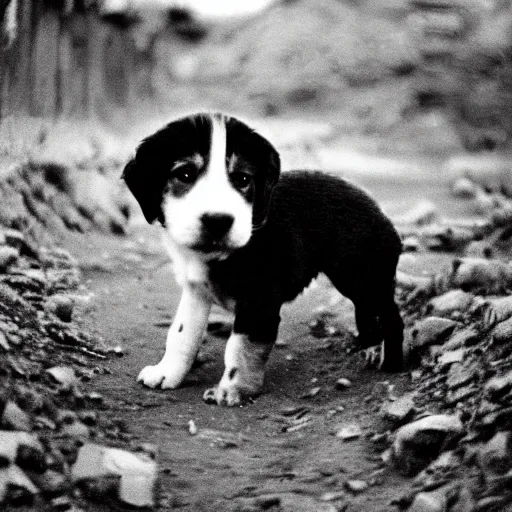 Image similar to photograph of a puppy in a trench ww2 grainy 35mm film