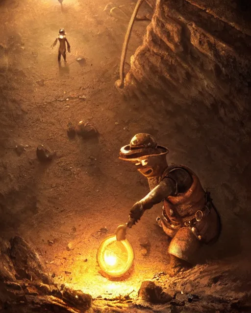 Prompt: oil painting of poor anthropomorphized mole mining gold, close shot, full body, dark steampunk mine shaft background, sharp focus, fantasy style, octane render, volumetric lighting, 8k high definition, by greg rutkowski, highly detailed, trending on art Station, dungeons and dragons artwork, centered