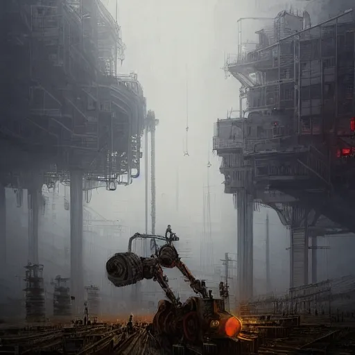 Image similar to gigantic industrial farmer mecha, dense fog, steampunk, jakub rozalski