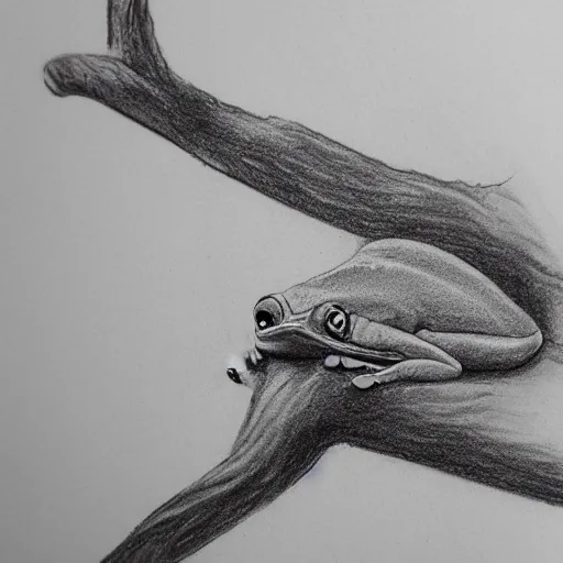 Prompt: detailed pencil sketch of a frog upside down in a tree