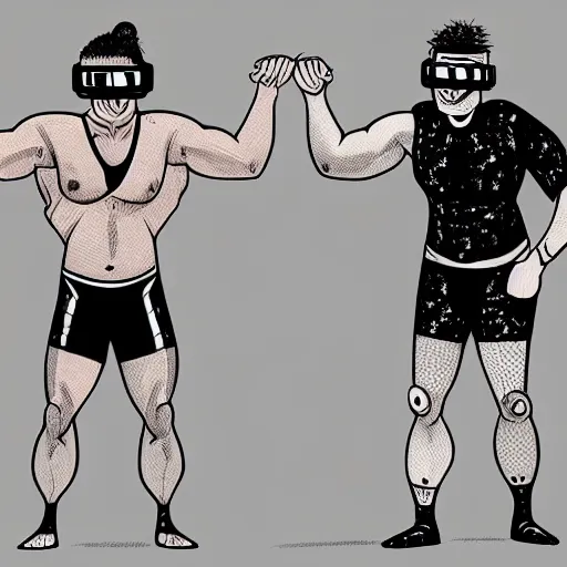 Image similar to wrestlers wearing vr headsets, vr goggles, shrugging, shrugging arms, tap out, minimalistic, trending on art station, digital illustration by matthew skiff