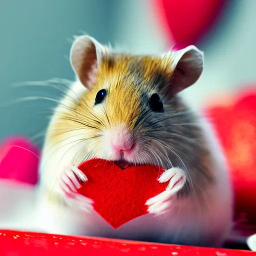 Image similar to detailed photo of a hamster holding a valentine's letter with a red heart on it, various poses, full body, unedited, daylight, dof, sharp focus, 8 k