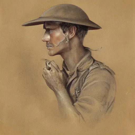 Prompt: a detailed photorealistic sepia - toned color portrait painting of a 1 9 1 7 worried clean - shaven british lieutenant in field gear wearing a pith helmet in wadi rum examining an ancient cylindrical clay jar, ultra realistic, intricate details, atmospheric, dark, horror, brooding, highly detailed, by clyde caldwell