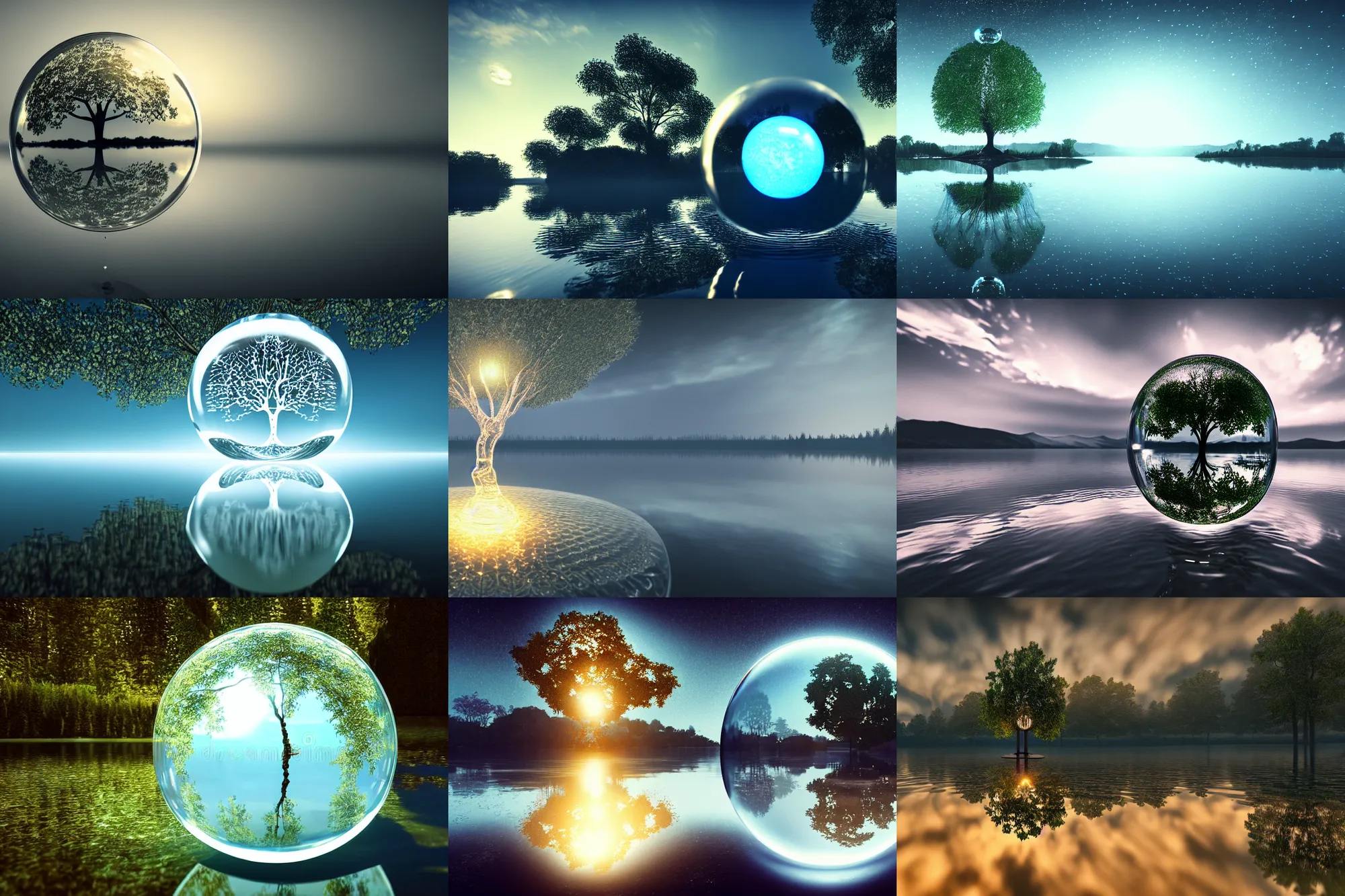 Prompt: glowing transparent crystal ball on a beautiful serene lake, ripples, tree of life inside the ball, intricate details, reflections, ripples moody sky, hyperdetailed illustration, unreal engine 5, low light