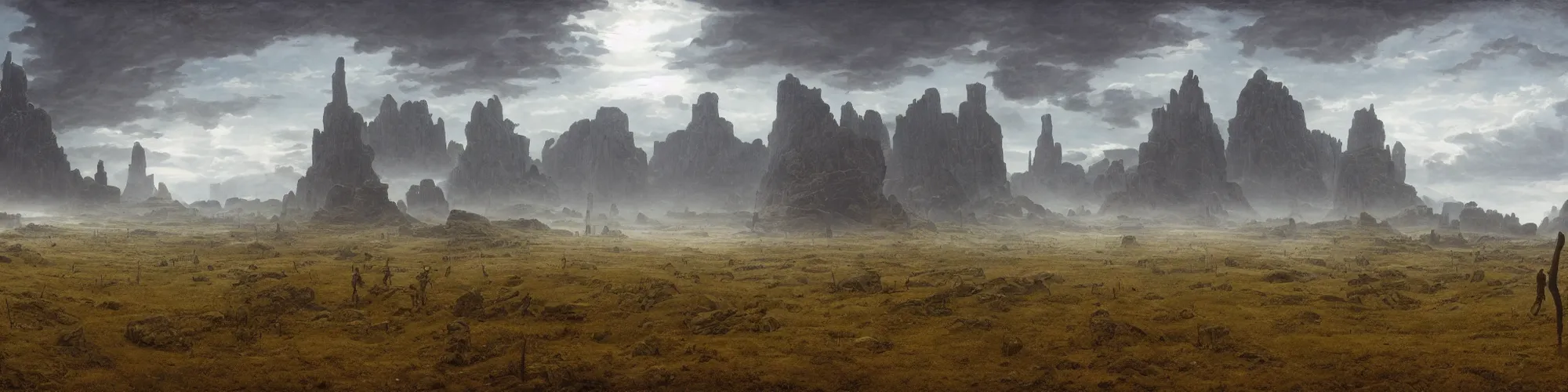 Prompt: panorama view of the background environment without main subject to focus on, no people nor a person, volumetric light from nearby sources, style by caspar david friedrich and wayne barlowe and ted nasmith.
