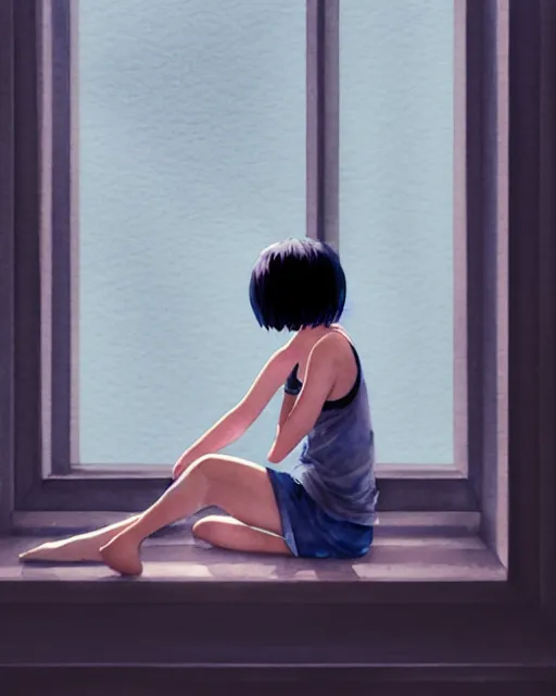 Prompt: watercolor painting of a pretty girl with short Blue hair, wearing a Tank top and shorts, sitting by a windowsill, In the style of ilya kuvshinov, dramatic lighting, fantasy, intricate, elegant, highly detailed, lifelike, photorealistic, digital painting, bokeh, HDR, high resolution, artstation, concept art, smooth, sharp focus, art by Krenz Cushart and Albert Aublet