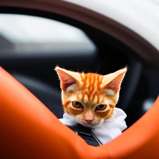 Image similar to an anthropomorphic orange tabby cat driving a car, his paws are on the steering wheel