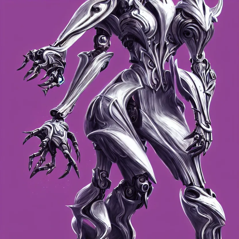 Image similar to highly detailed exquisite fanart, of a beautiful female warframe, but as an anthropomorphic elegant robot dragon, shiny white silver plated armor engraved, robot dragon head, Fuchsia skin beneath the armor, sharp claws, long tail, robot dragon hands and feet, two arms and legs, elegant pose, close-up shot, full body shot, epic cinematic shot, professional digital art, high end digital art, singular, realistic, DeviantArt, artstation, Furaffinity, 8k HD render, epic lighting, depth of field