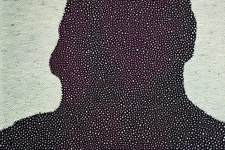 Prompt: face made out of planet, faceless people dark, dots, drip, stipple, pointillism, technical, abstract, minimal, style of francis bacon, asymmetry, pulled apart, cloak, hooded figure, made of dots, abstract