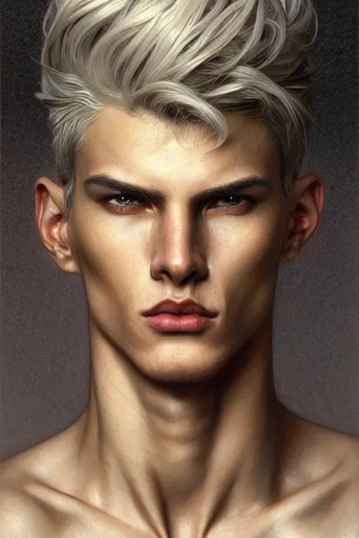 Prompt: portrait of a young androgynous man handsome, male, masculine, upper body, fantasy, fierce, sharp features, intricate, elegant, highly detailed, digital painting, artstation, niccoletta ceccoli, alex grey, concept art, matte, sharp focus, illustration, art by artgerm and greg rutkowski and alphonse mucha, symmetry!!