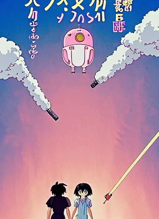 Image similar to a movie poster for a studio Ghibli film based on the song Yoshimi battles the pink robots, part 1. by the band the flaming lips; artwork by Hiyao Miyazaki and studio Ghibli; a Japanese girl is about to fight a gigantic Pink Robot in an alley in Tokyo