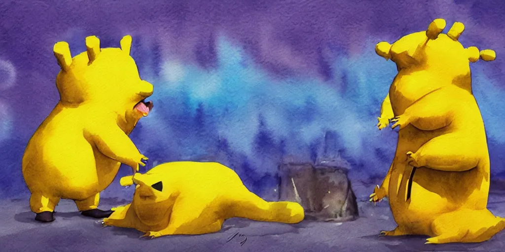 Image similar to drowzee making a dream, watercolor, cinematic feeling, warm lighting, vivid colours, cute ， joseph zbukvic