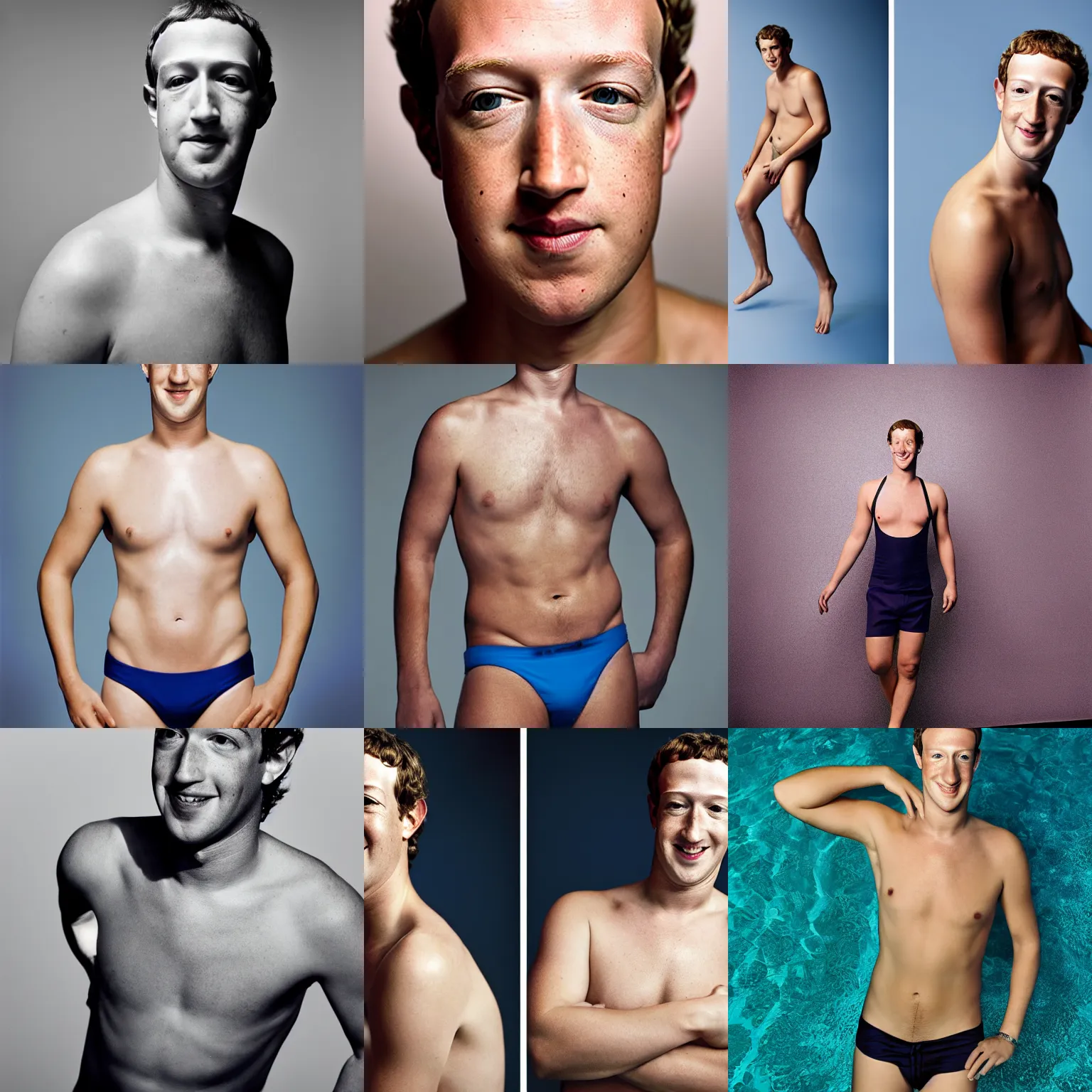 Prompt: Photo of Mark Zuckerberg in swimsuit, soft studio lighting, photo taken by Martin Schoeller for Calvin Klein, award-winning photograph, 24mm f/1.4