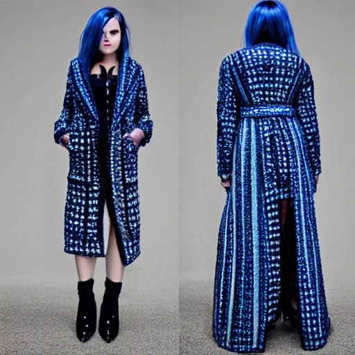 Image similar to fashion 2 0 5 0 fantastic openwork long coat with intricate pattern on a beautiful symmetrical girl with blue hair, hyper realistic photos