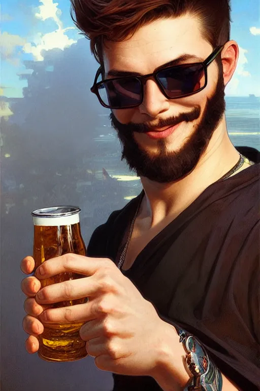 Image similar to a young man wearing raybands holding a beer giving a thumbs up with a long beard, real life skin, intricate, elegant, highly detailed, artstation, concept art, smooth, sharp focus, airbrush painted, art by artgerm and greg rutkowski and alphonse mucha