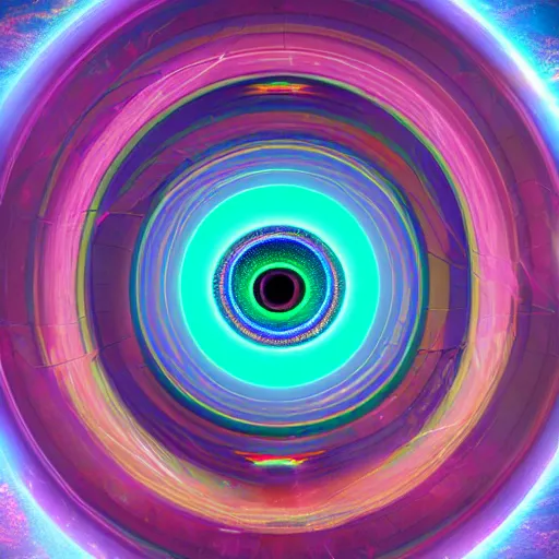 Image similar to still of rainbow ophanim surrounded by large diagonally rotating rings, giant eyeball in the middle of the ophanim, 8 k, octane render, 3 5 mm, amazing details, beautiful composition