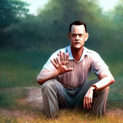 Image similar to tom hanks as forrest gump has shrimp hands, photorealistic, cgsociety, artstation