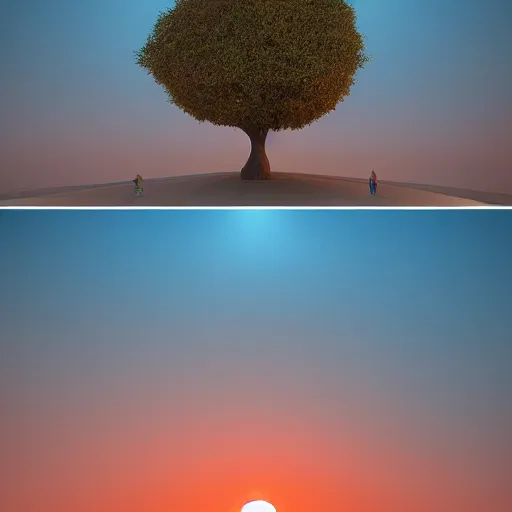 Image similar to The Bodhi Tree at Sunset, beautiful art with volumetric lighting, by beeple, Pi-Slices and Kidmograph