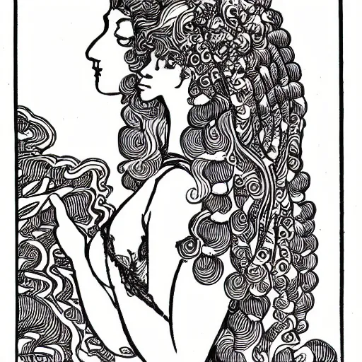Image similar to filigree detailed illustration of a profile of gypsy girl with long curly hair and big goat horns, aubrey beardsley, woodcut