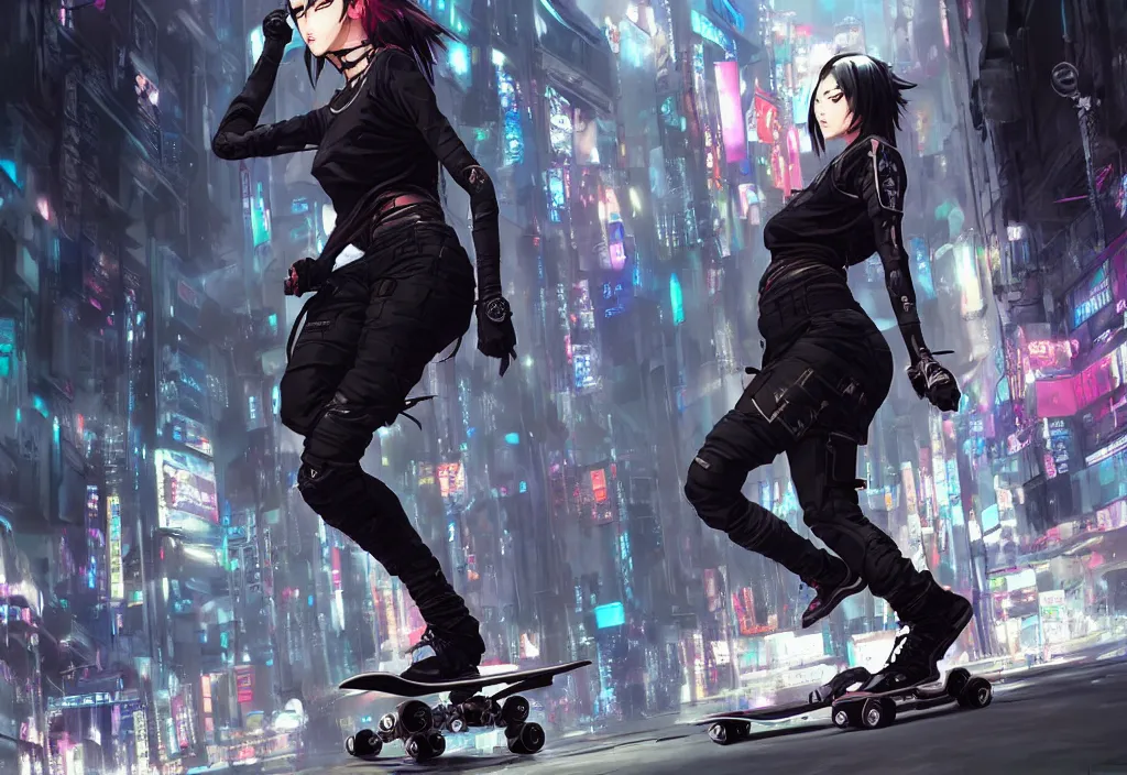 Image similar to hyper - realistic cyberpunk anime woman flip skateboard, sport, action tokyo street, extreme detail, good face, model, concept art, in style of yoji shinkawa, pan ren wei, col price, atey ghailan, by greg rutkowski, aesthetic