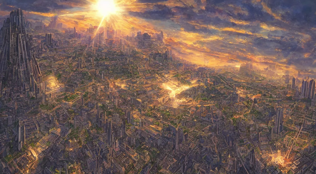 Image similar to fortress accadamy of tower cristal a spectacular view cinematic rays of sunlight comic book illustration, by john kirby