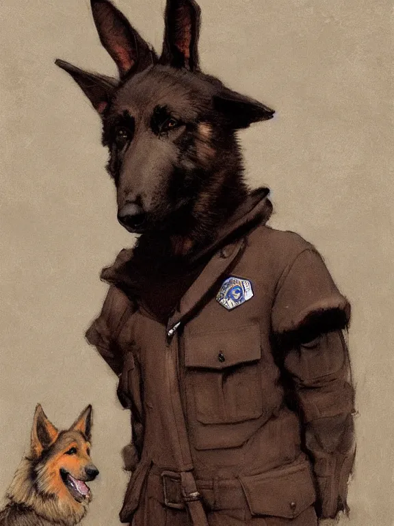 Image similar to new york city portrait of furry anthro anthropomorphic german shepard head animal person fursona wearing clothes nypd traditional police uniform in the alley, sunny day, digital art by Nerdrum John, William Waterhouse, Winslow Homer, Alex Heywood, Jordan Grimmer, Darren Quach, Greg Rutkowski, Simon Stalenhag, trending on Artstation, CGSociety