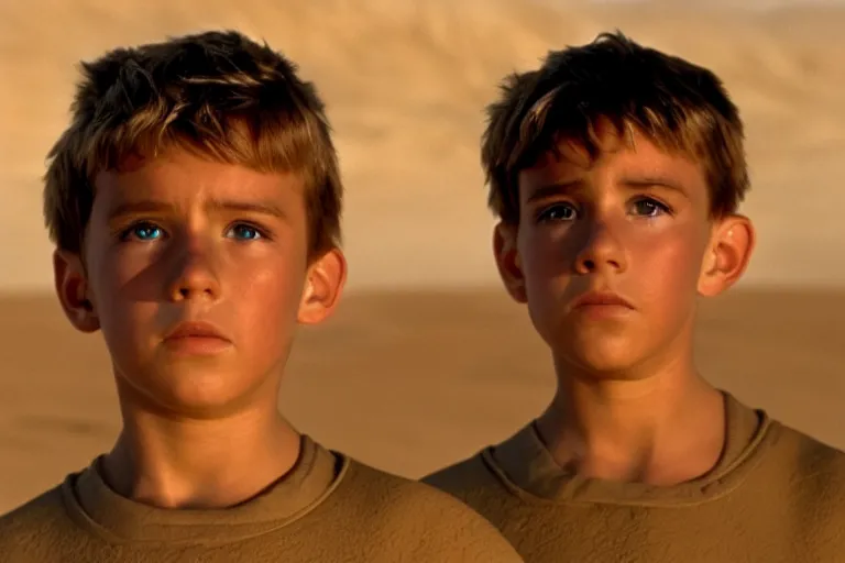 Prompt: a cinematic headshot portrait of a boy in the movie dune, in a serene vast desert, film still, cinematic, movie still, dramatic lighting, 1 6 : 9 ratio