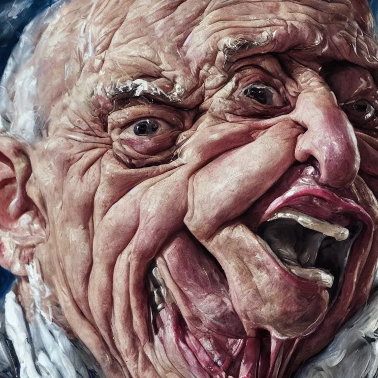 Image similar to warmly lit close up studio portrait of aging angry!! screaming! old Seinfeld age 115 wrinkled furious!, impasto oil painting thick brushstrokes by Lucian Freud and Cy Twombly and Tim Hawkinson , trending on artstation dramatic lighting Expressionism