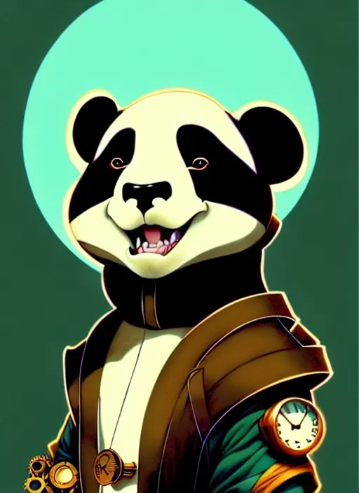 Image similar to don bluth, loish, artgerm, joshua middleton, steampunk, clockpunk anthropomorphic panda, full sailor suit, symmetrical eyes symmetrical face, colorful animation forest background