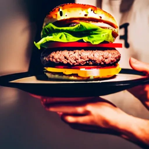 Image similar to a human living in a hamburger, the human is inside the burger cooking burgers