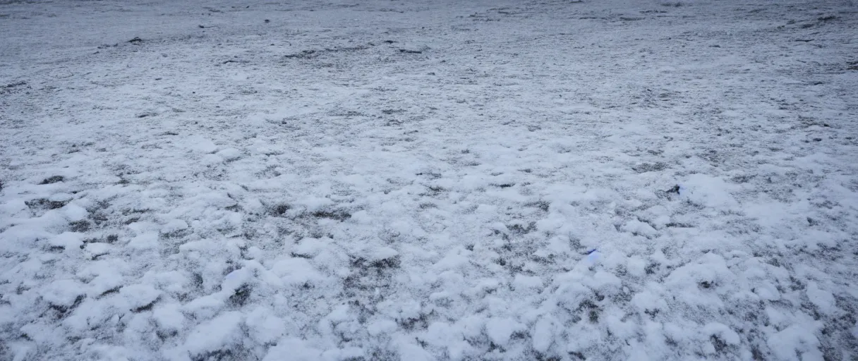 Image similar to a high quality color creepy atmospheric wide shot hd 4 k film 3 5 mm photograph of very heavy blizzard in desolate antarctica with a single trail of footsteps in the snow