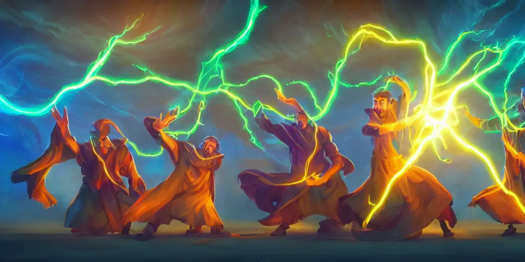 Image similar to brother mages, they are in front of a desk working on a new spell that is casting out flowing energy, colorful, flowing energy, light rays, medium shot, waist up, sharp, concept art, highly detailed, bloom, dramatic lighting, cinematic, by dreamworks