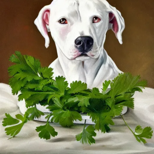 Prompt: painting of a white pitbull on a bed of parsley with a parsley garnish on top, highly detailed