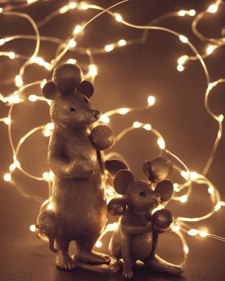 Image similar to a statue of a proud mouse standing on two legs and holding a round bell made of christmas lights and wire, trending on artstation, sigma 5 0, hyper realisitic