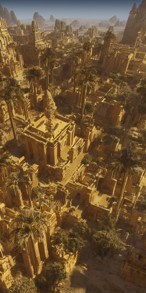 Image similar to eye level view of a golden detailed babylon tower, fantasy, golden hour, photorealism, arid mountains and palm forest, unreal engine