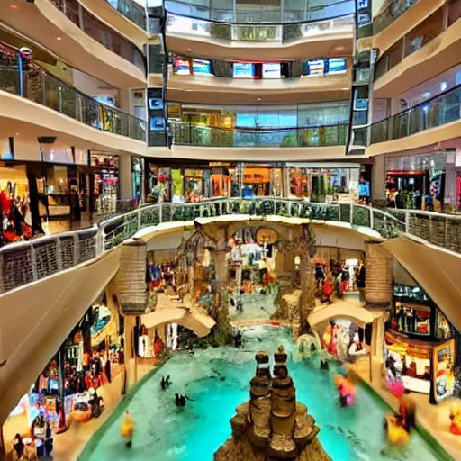 Image similar to photo of inside a shopping mall the inside is flooded with over 7 meters of water clear beautiful water, highly detailed.