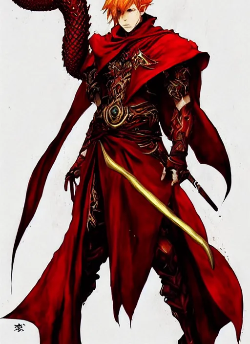 Image similar to Half body portrait of a handsome red haired elven monk prince with dragon eyes, staff and red and golden robe. In style of Yoji Shinkawa and Hyung-tae Kim, trending on ArtStation, dark fantasy, great composition, concept art, highly detailed.