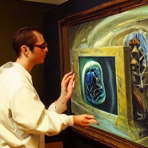 Prompt: masterpiece painting of a 3d artist ethunsiatic looking at the a computer screen with anatomical model of a 3d lung, oil on canvas, renaissance