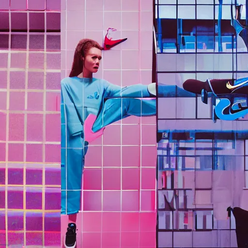 Image similar to nike lookbook campaign in the style of tyler mitchel, blue rays, redshift, wide shot, coloured polaroid photograph, pastel, kodak film, hyper real, stunning moody cinematography, by maripol, fallen angels by wong kar - wai, 3 5 mm, style of suspiria and neon demon, david hockney, detailed, film photography