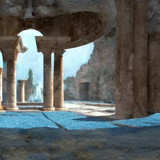 Prompt: wideshot of white greek ruins inside grotto, white and blue, cinematic, epic lighting, super detailed, super realistic, 8k, by craig mullins and studio ghibli