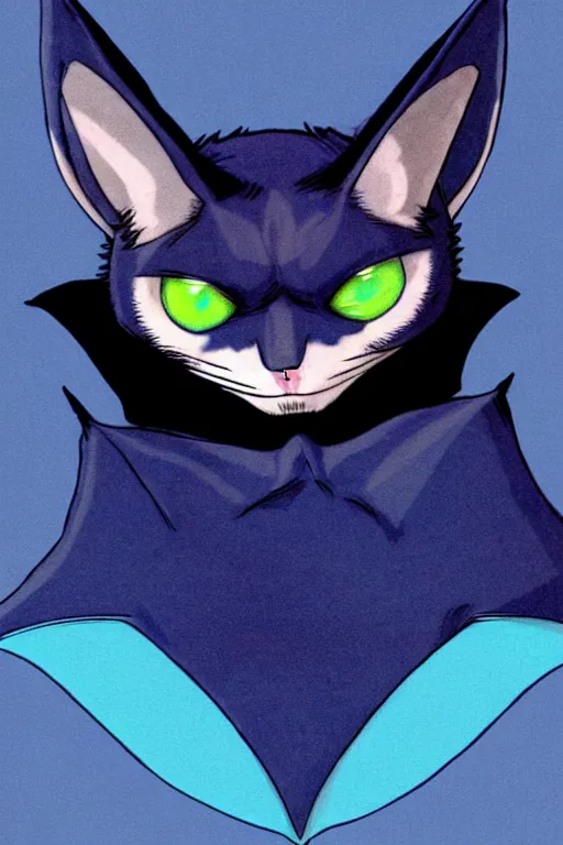 Image similar to a blue - and - black male catbat fursona with blue / green heterochromatic eyes ( differently - colored eyes, one green, one blue ) and huge bat ears, photo of the catbat streaming on his computer